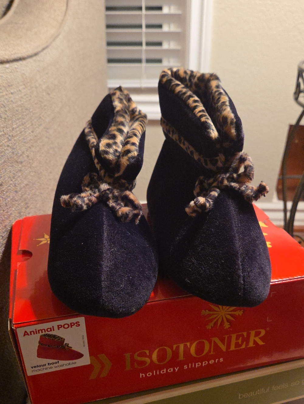 isotoner Women's Black Velour Boot Slippers with Leopard Trim